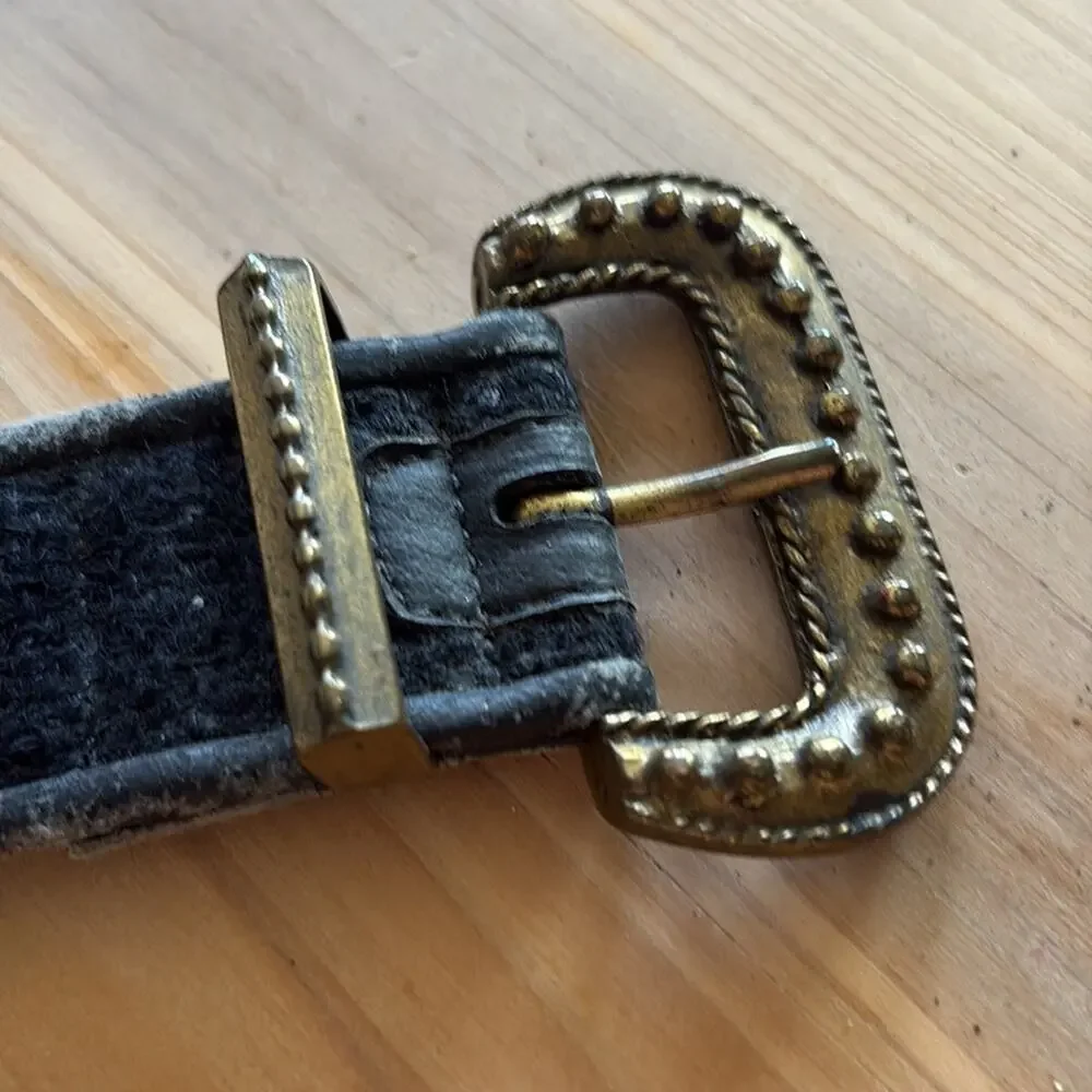 Alden Howard vintage black distressed fabric belt gray trim and buckle